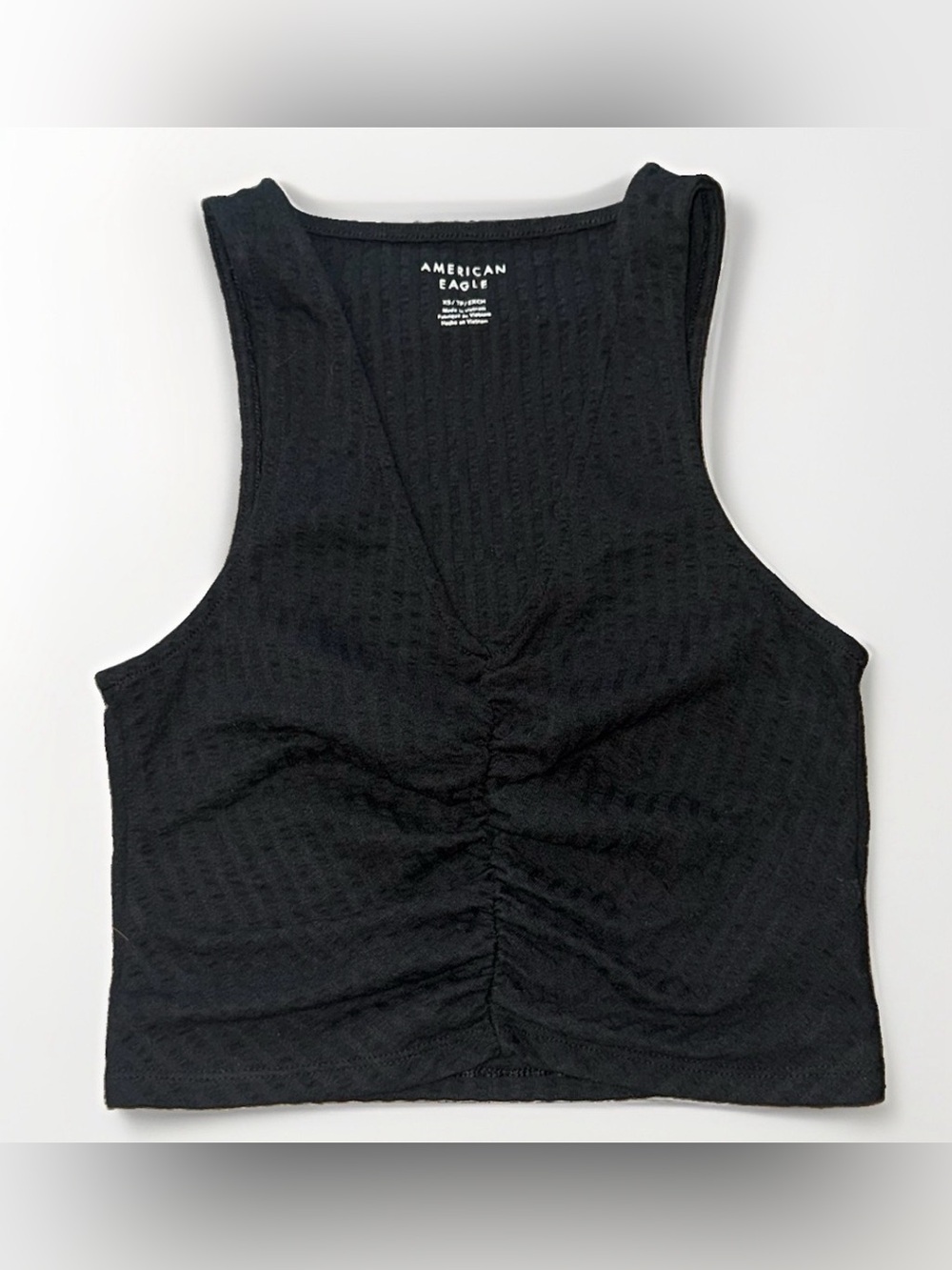 American Eagle Outfitters Black Ribbed Ruched Cropped Tank Top